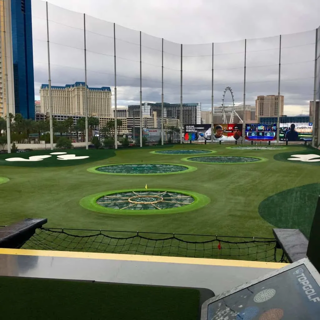 Driving Range at Topgolf with the Strip in the distance