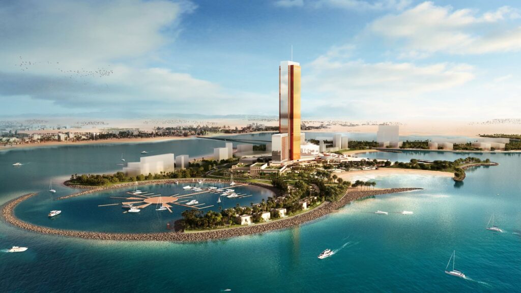 A rendering of Wynn's new resort in the UAE, which is on an island.