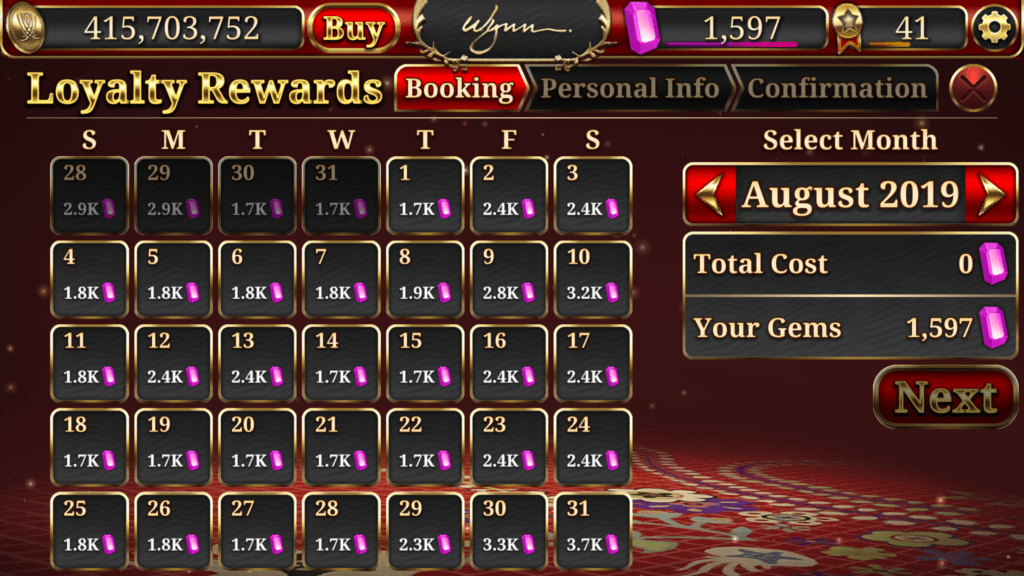 Wynn Slots App booking calendar.