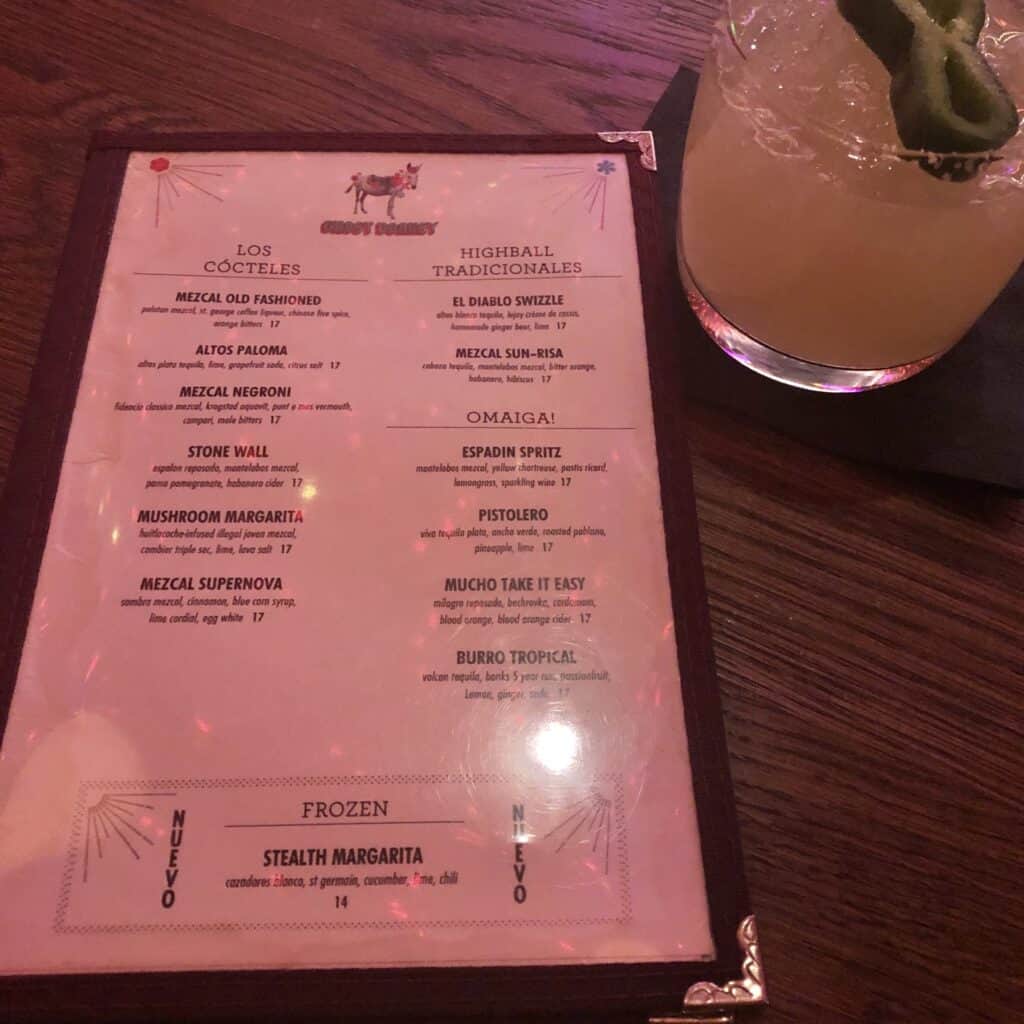 Ghost Donkey Menu and Pisterolo cocktail
