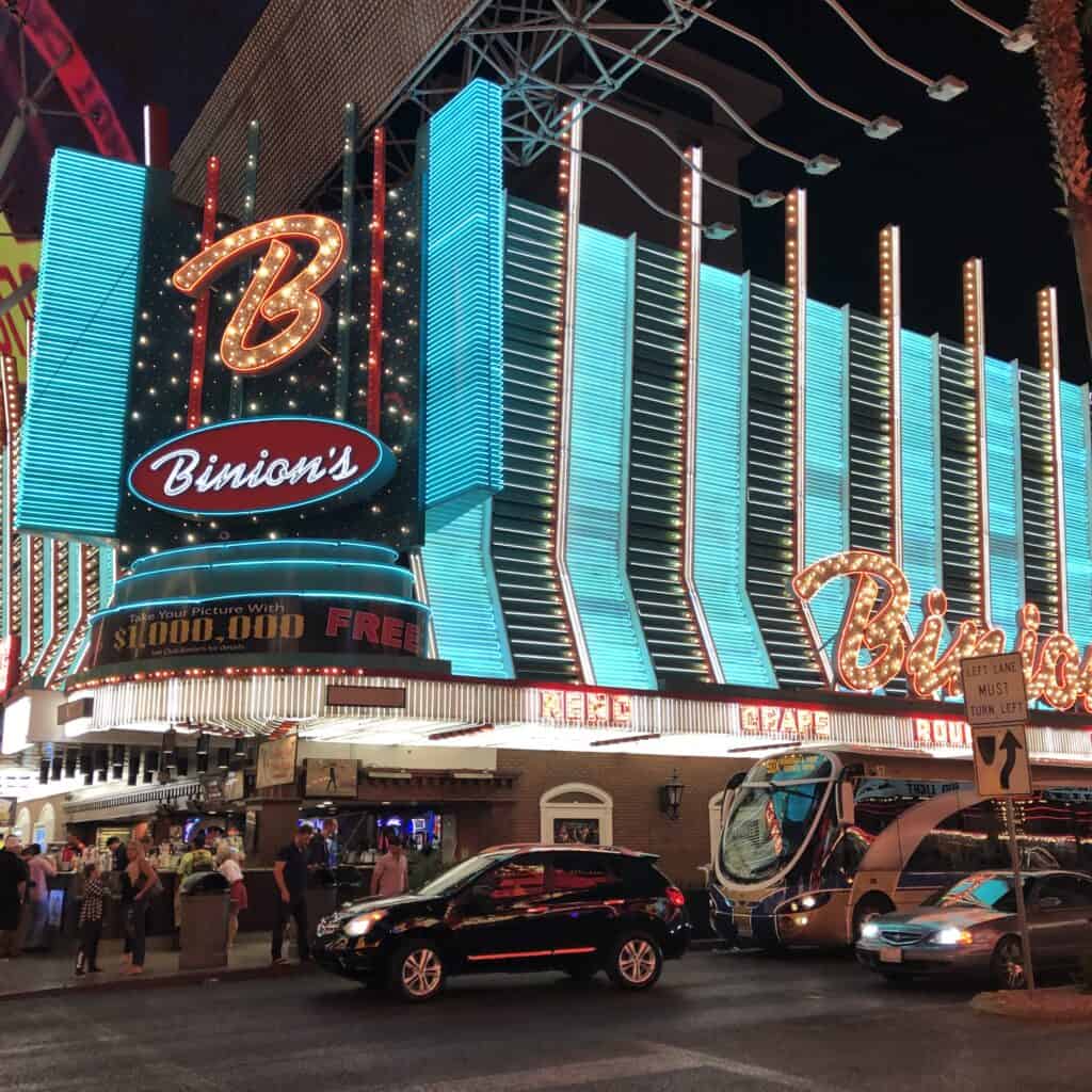 Binions neon exterior illuminated at night