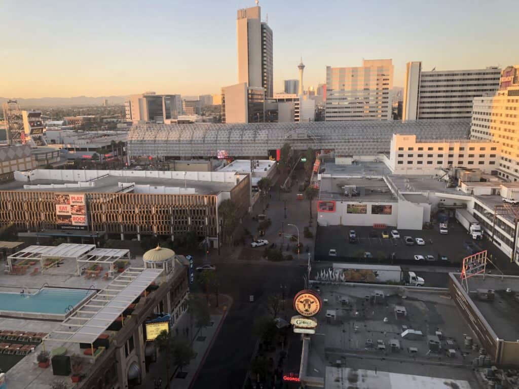 View of Fremont Street canopy and surrouding hotels from room. 