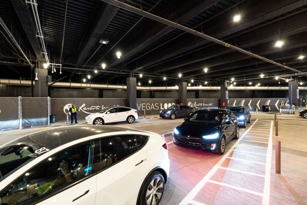 Resorts World Las Vegas Loop station with Tesla vehicles awaiting passengers