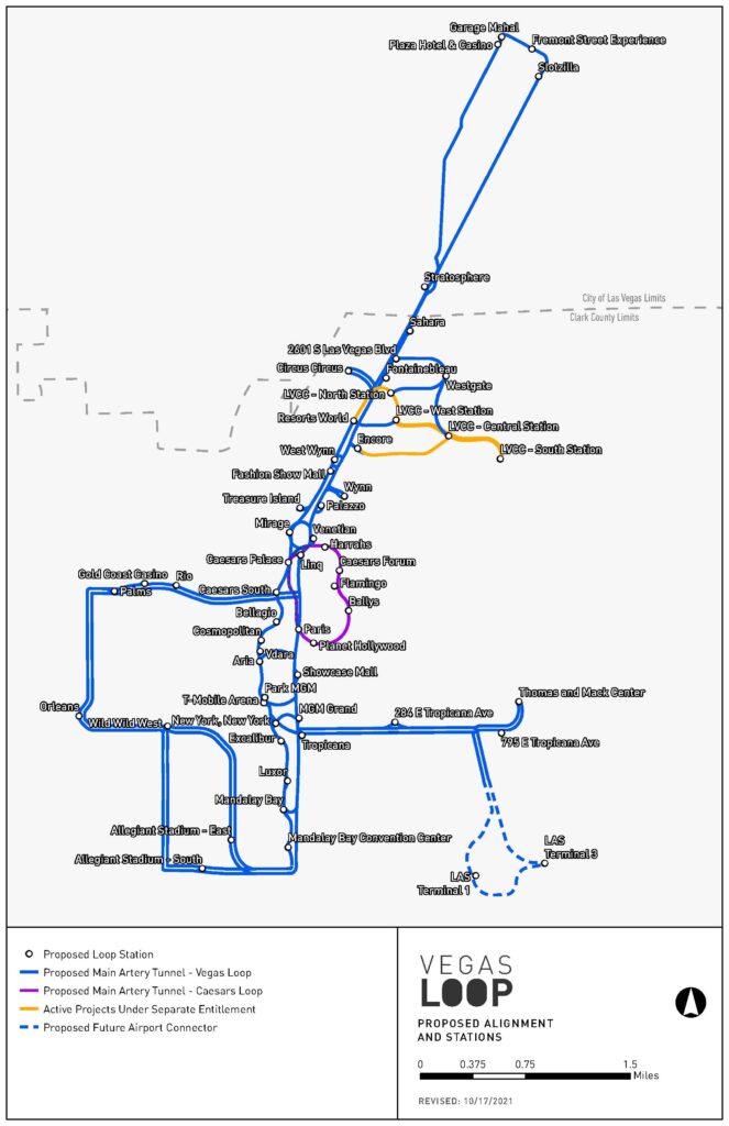 Map depicting Vegas Loop stops, and future plans for a stop at each Las Vegas resort