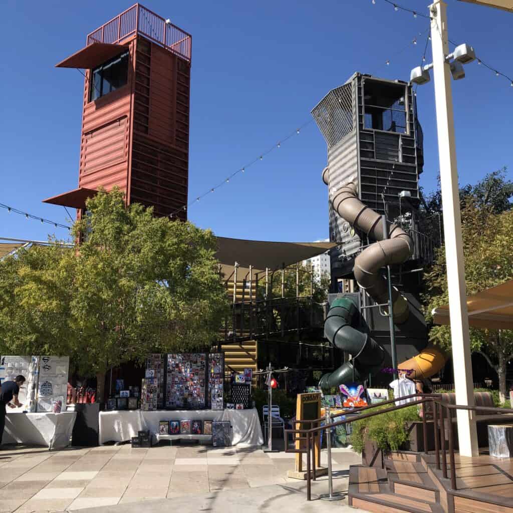 Two towers that comprise the Container Park's playground