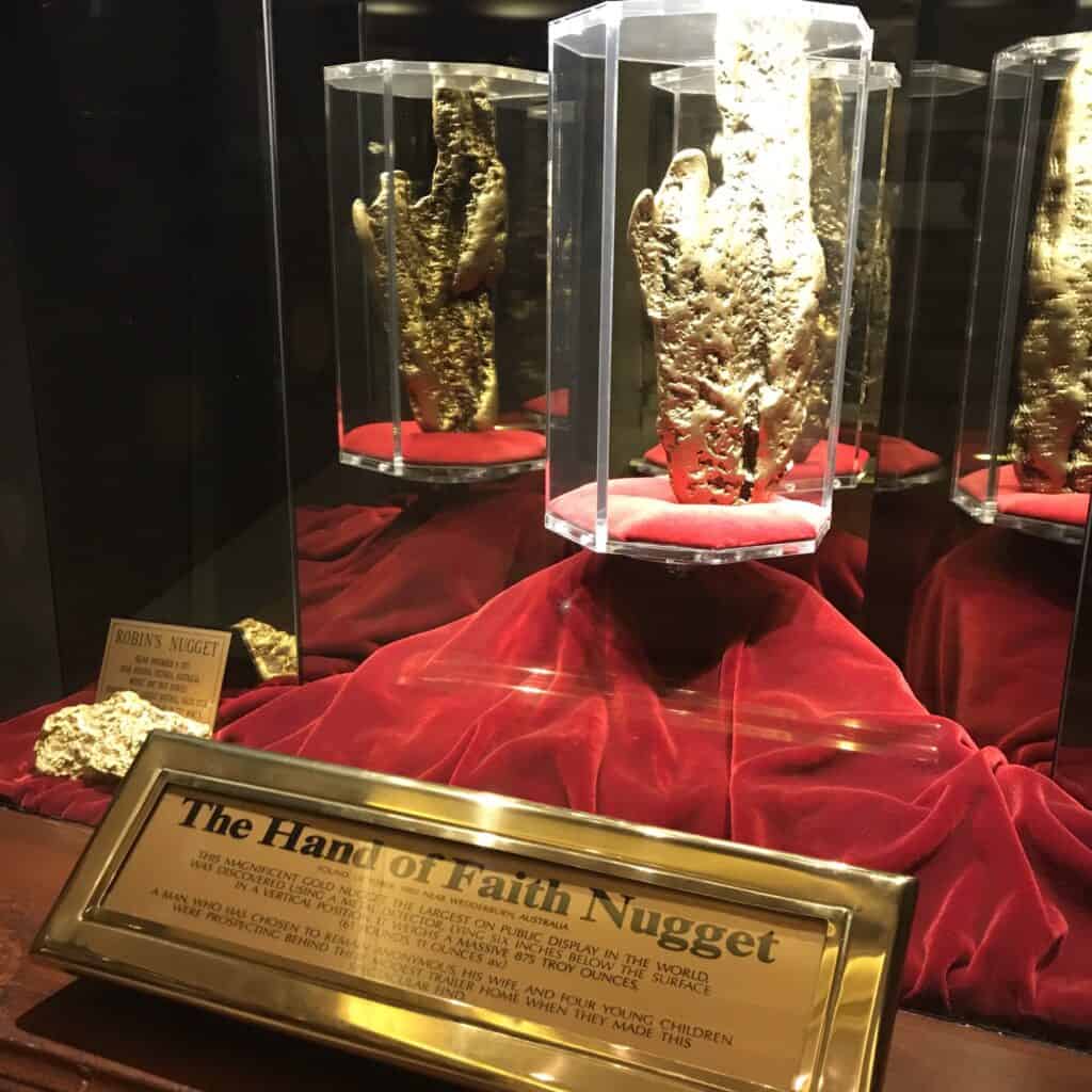 Hand of Faith gold nugget on display at the Golden Nugget