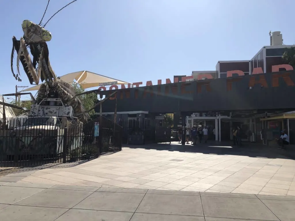 Downtown Container park entrance with a praying mantis statue to the left