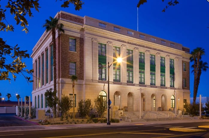 Mob Museum exterior at dusk