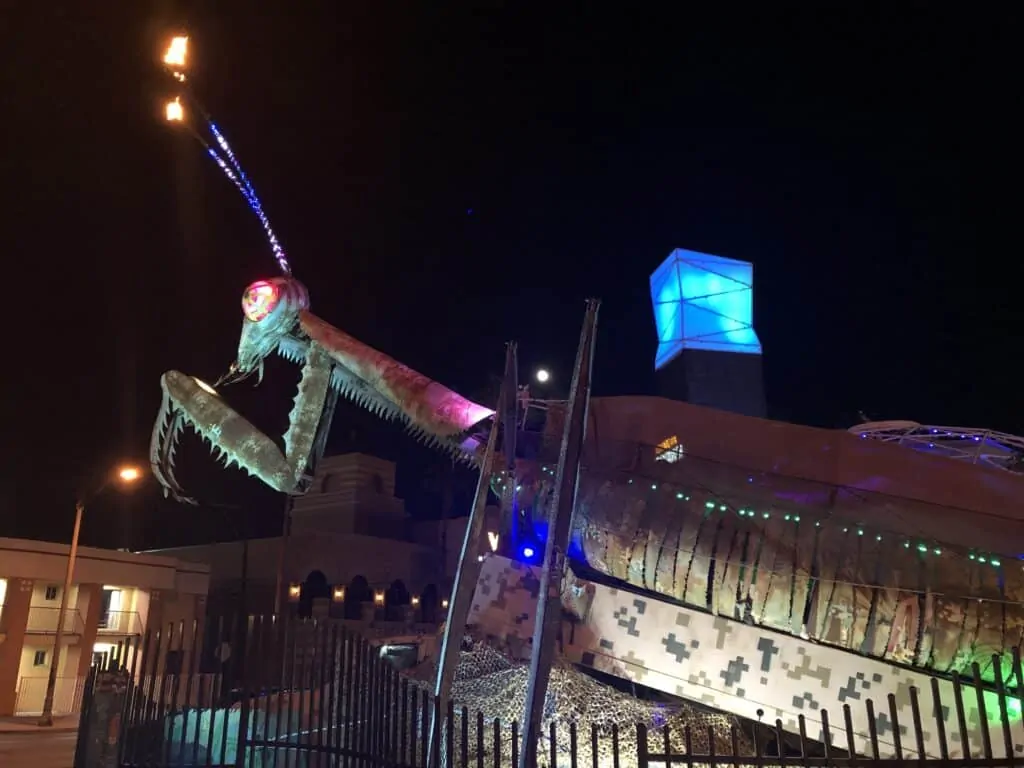 Downtown Container Park's Praying Mantis with fire coming out of its antennae