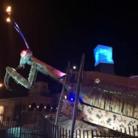 Downtown Container Park's Praying Mantis with fire coming out of its antennae