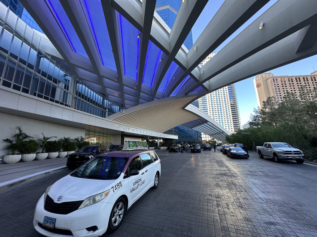 A taxi van staged outside Fontainebleau.