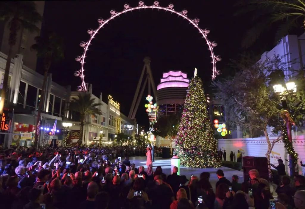 Concert stage at the Linq Promenade with the High Roller Observation Wheel in the Background