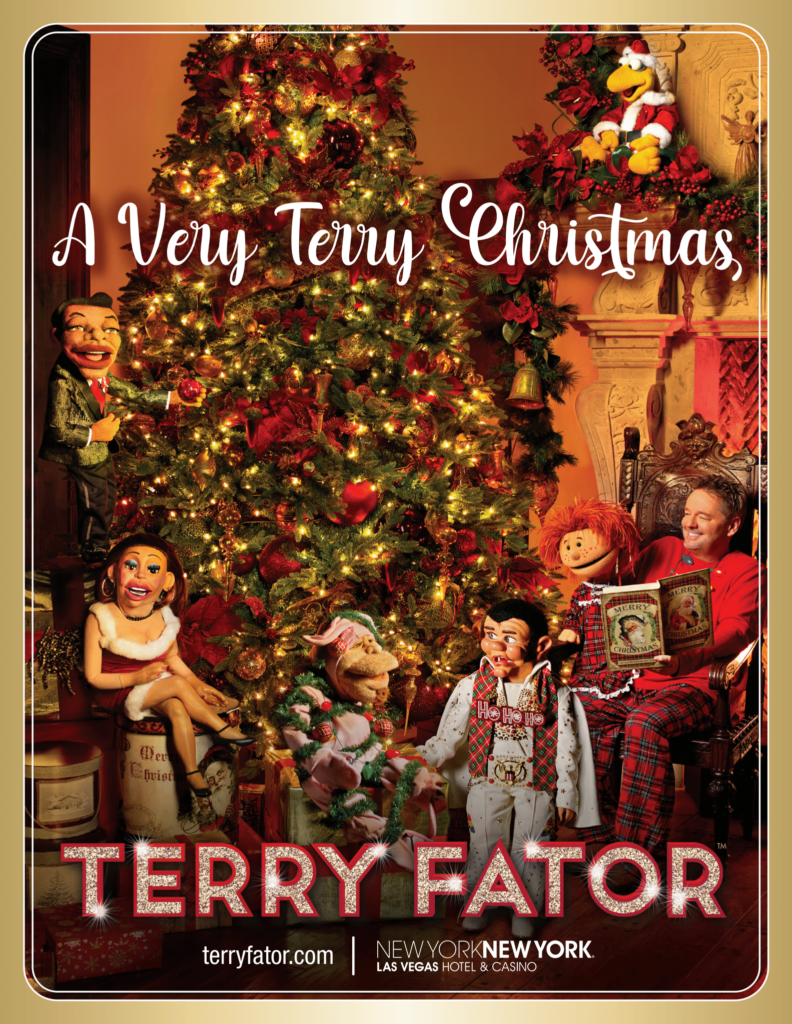 Terry Fator and puppets sit in front of a Christmas tree.