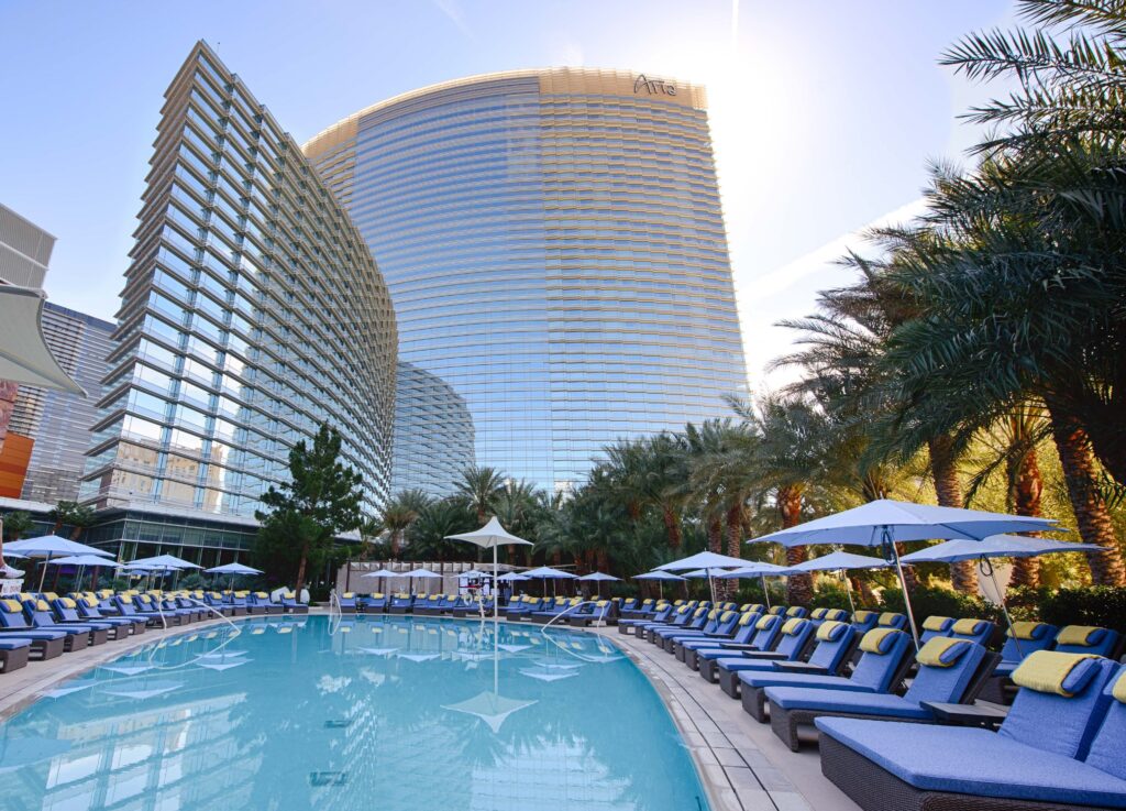 Aria's pool with the hotel tower in the background