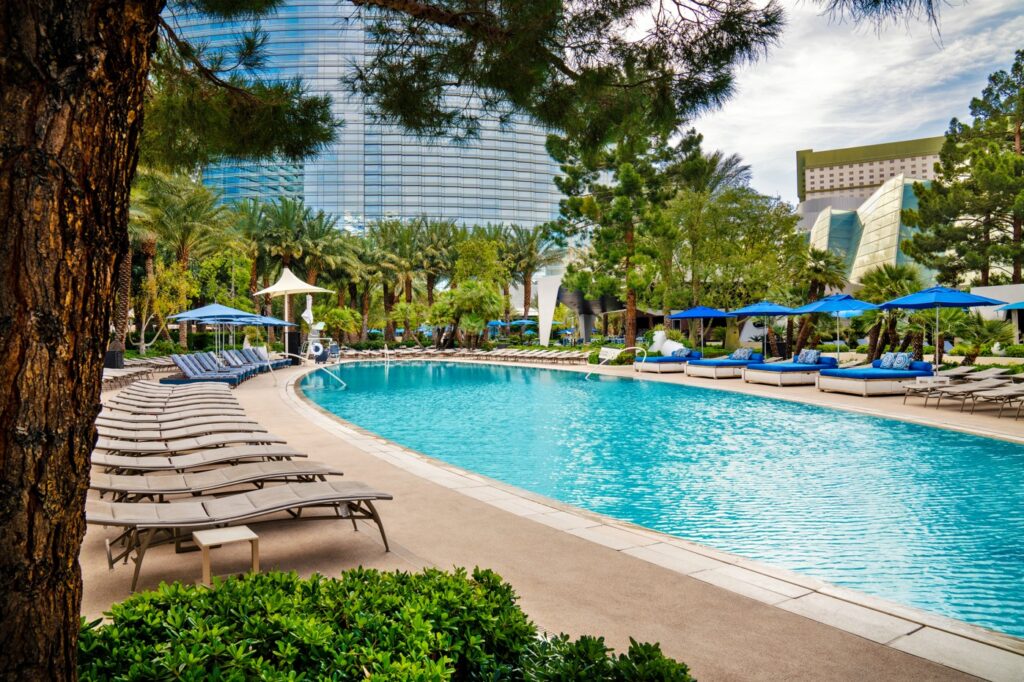 A sickle shaped pool at Aria, surrounded by seating and trees.