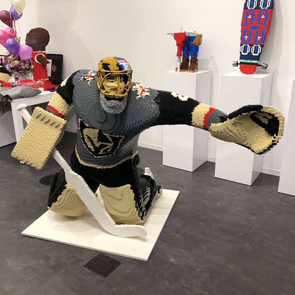 Life sized hockey goalie made of legos