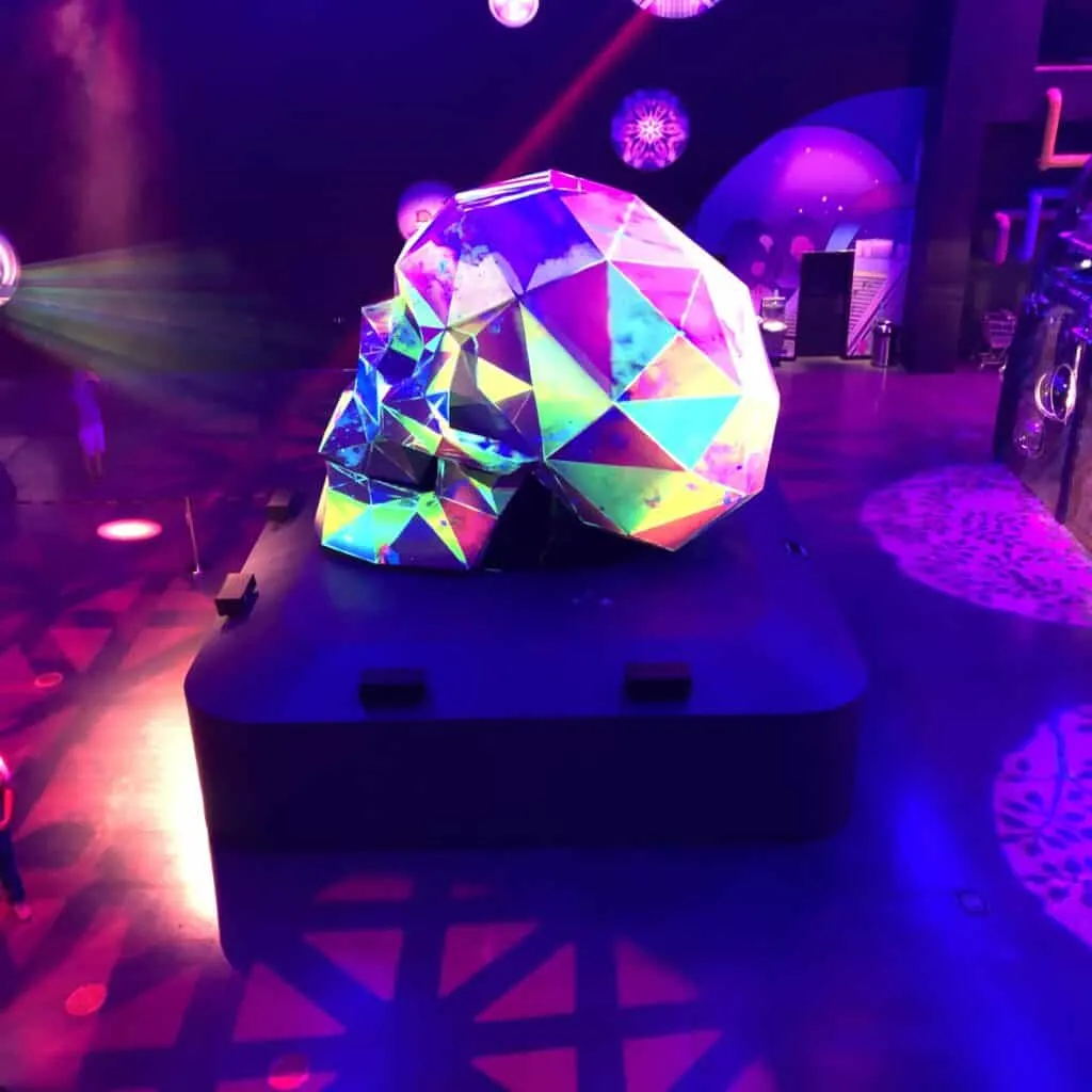 Skull at Area15 Illuminated with colorful triangles