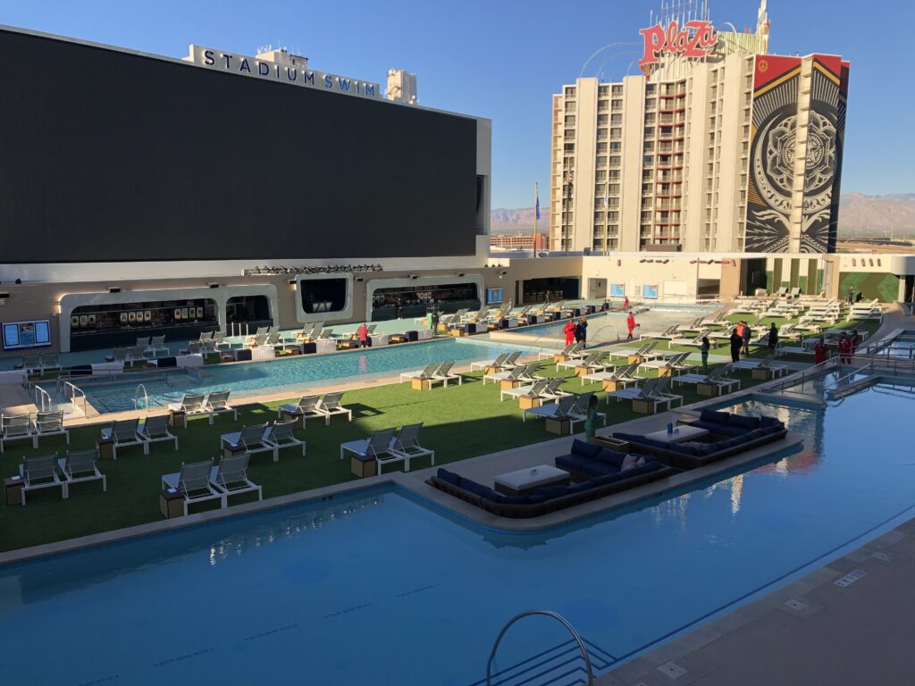 Stadium Swim at Circa with Plaza's hotel tower in the background