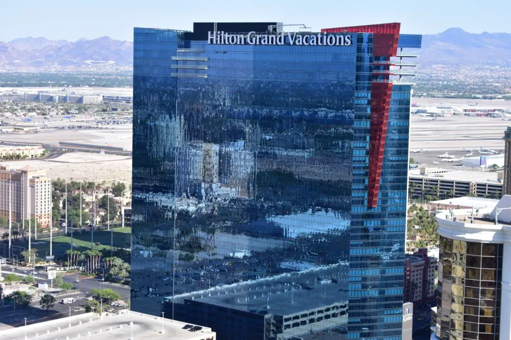 Exterior of Hilton Grand Vacations shot from the air.