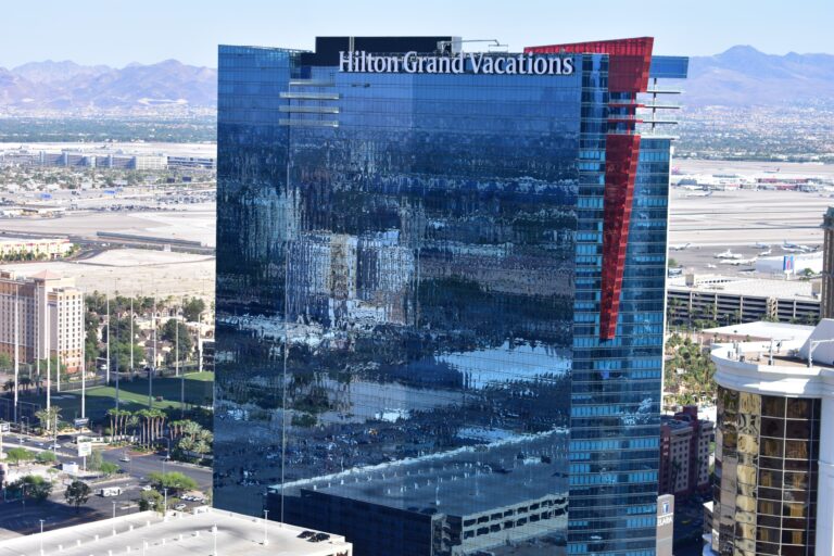 Exterior of Hilton Grand Vacations shot from the air.