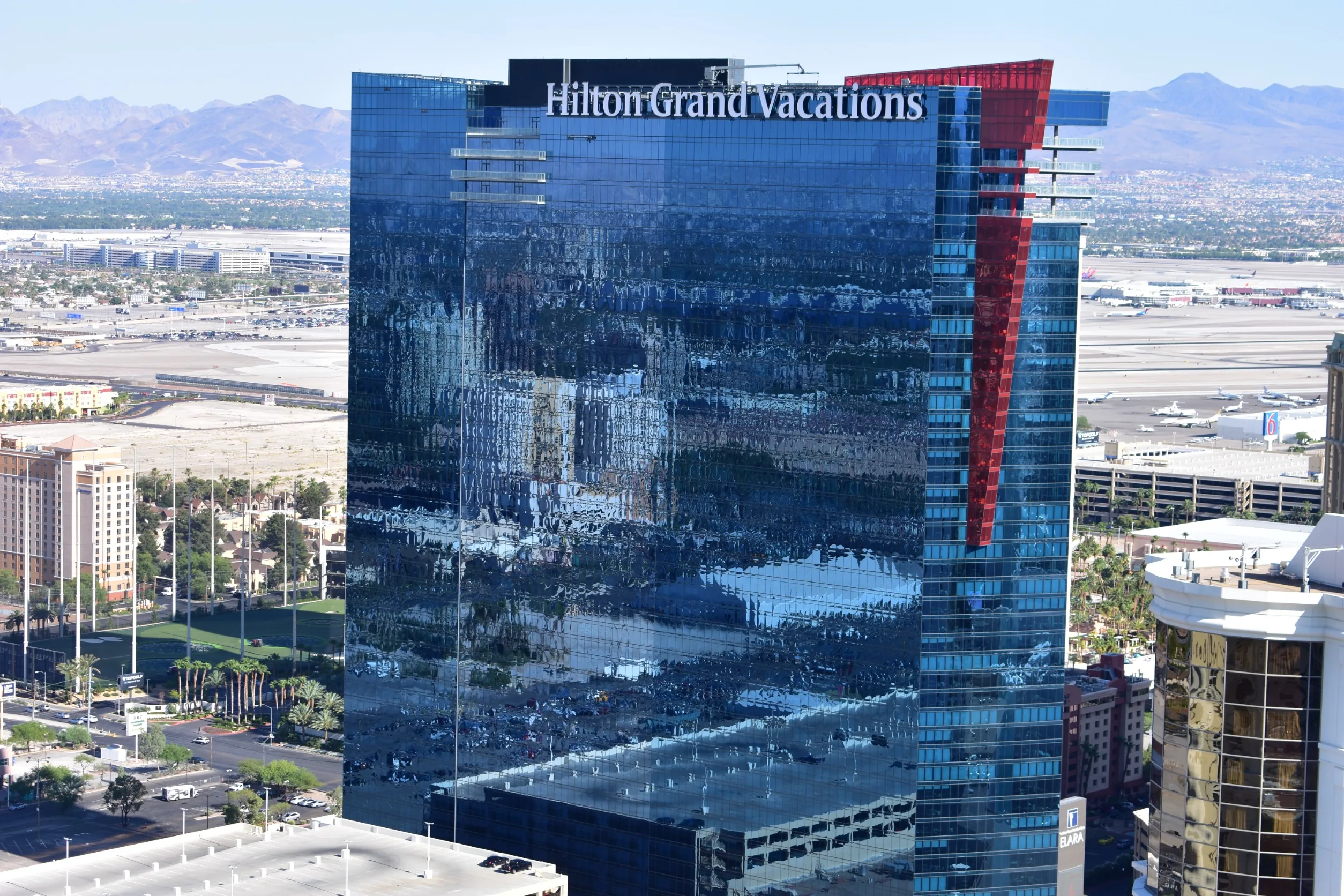Exterior of Hilton Grand Vacations shot from the air.