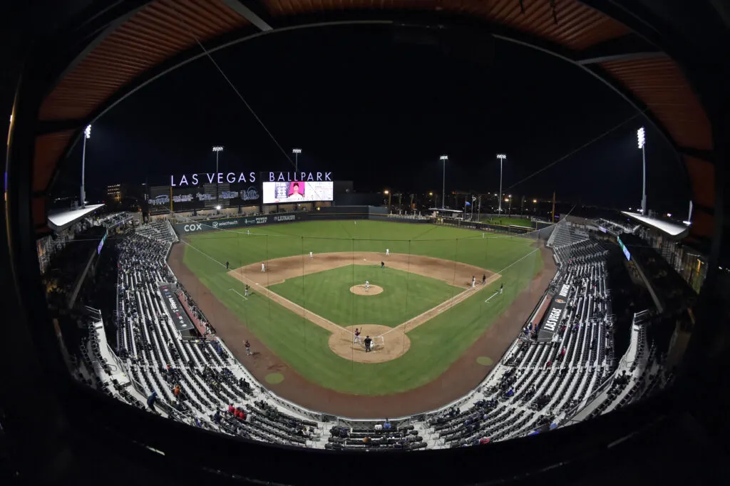 Las Vegas Ballpark photographed from behind home plate at night