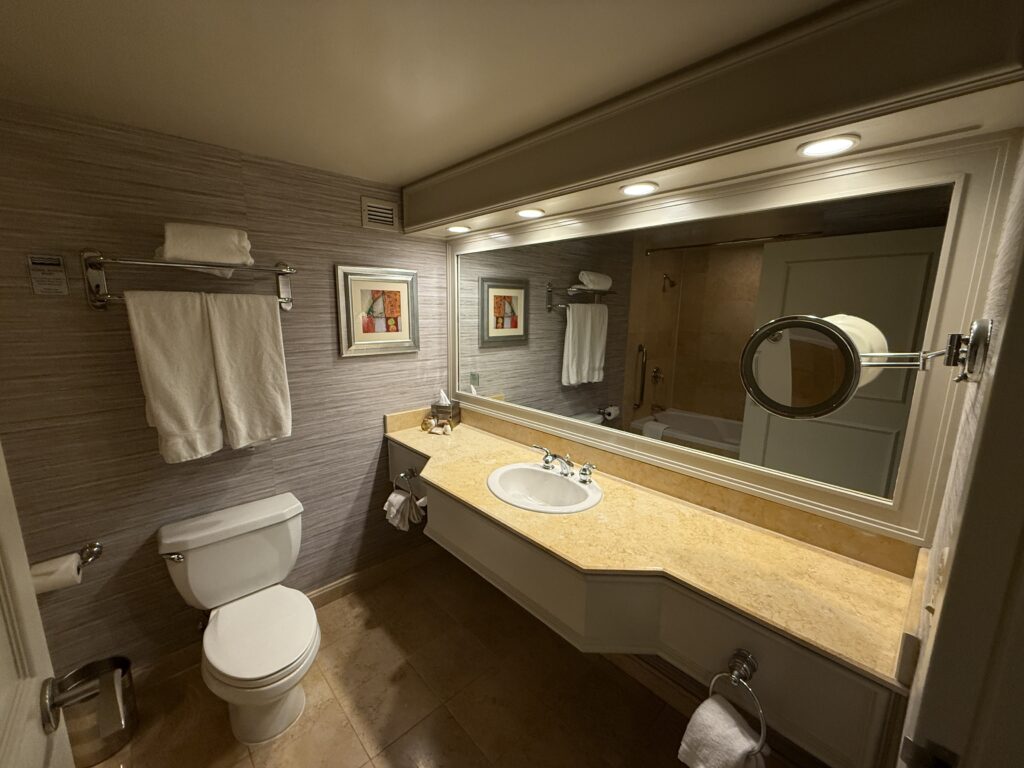 A single-sink vanity illuminated from above and a toilet in the bathroom.