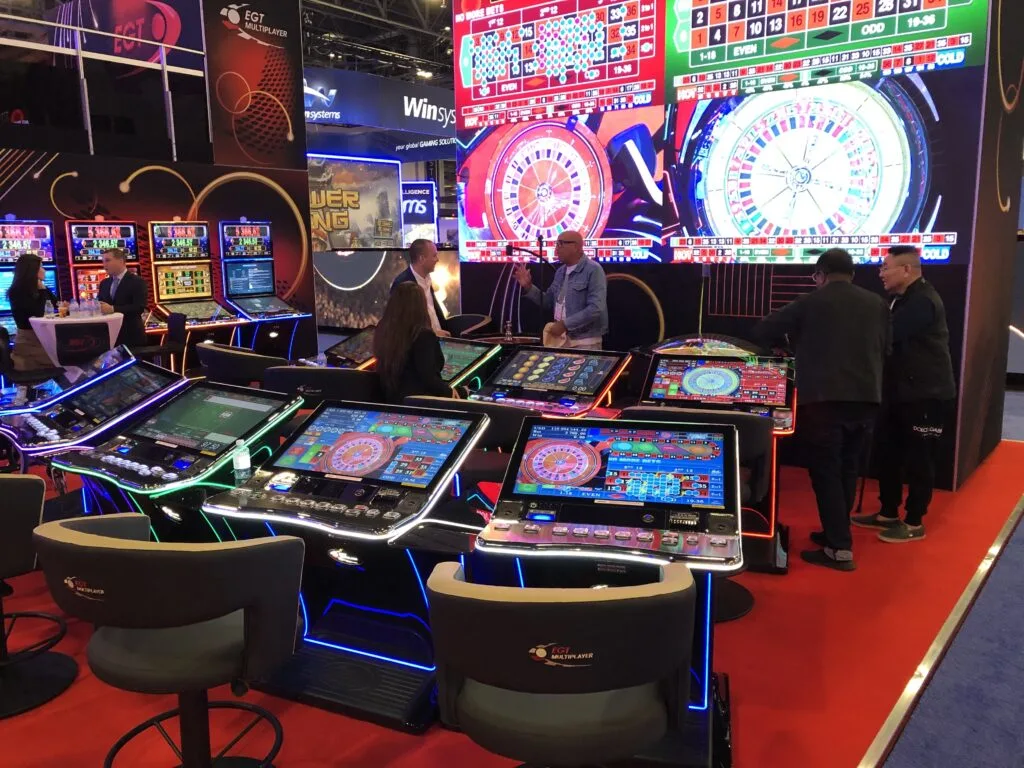 Stadium roulette betting stations with results screen in the background