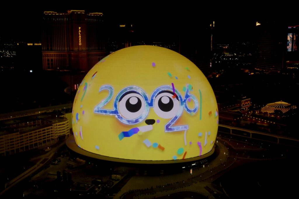 The Sphere, with 2026 glasses on for NYE.