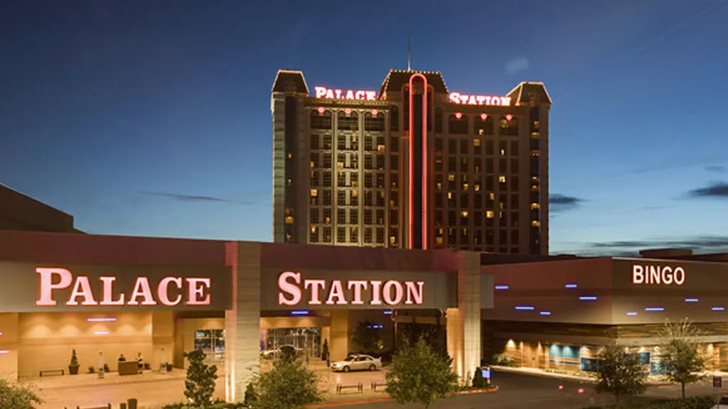 Exterior of Palace Sation's casino and hotel tower at dusk. 