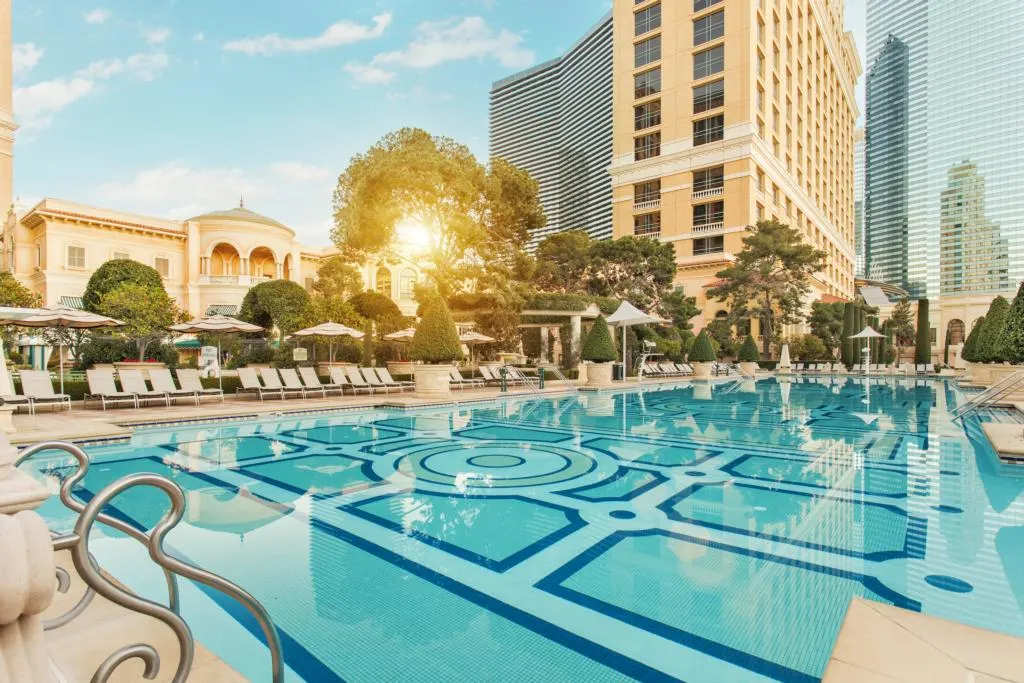 Main pool at Bellagio with hotel tower in the background