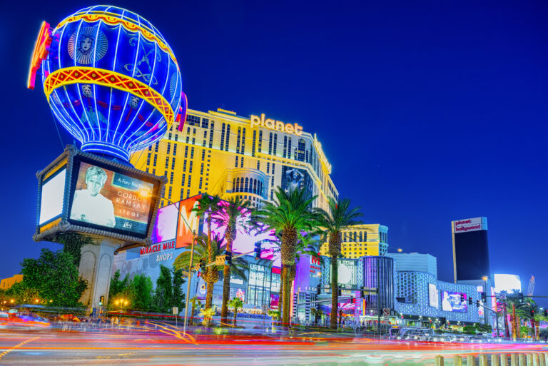 paris and Planet hollywood Las Vegas at night