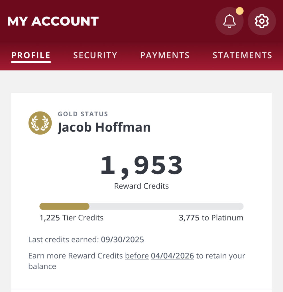 A screenshot of my Caesars Rewards app shoing $19 worth of reward credits.