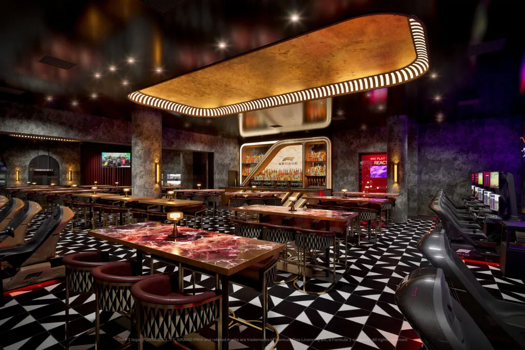 A dark, luxurious looking bar in the arcade.
