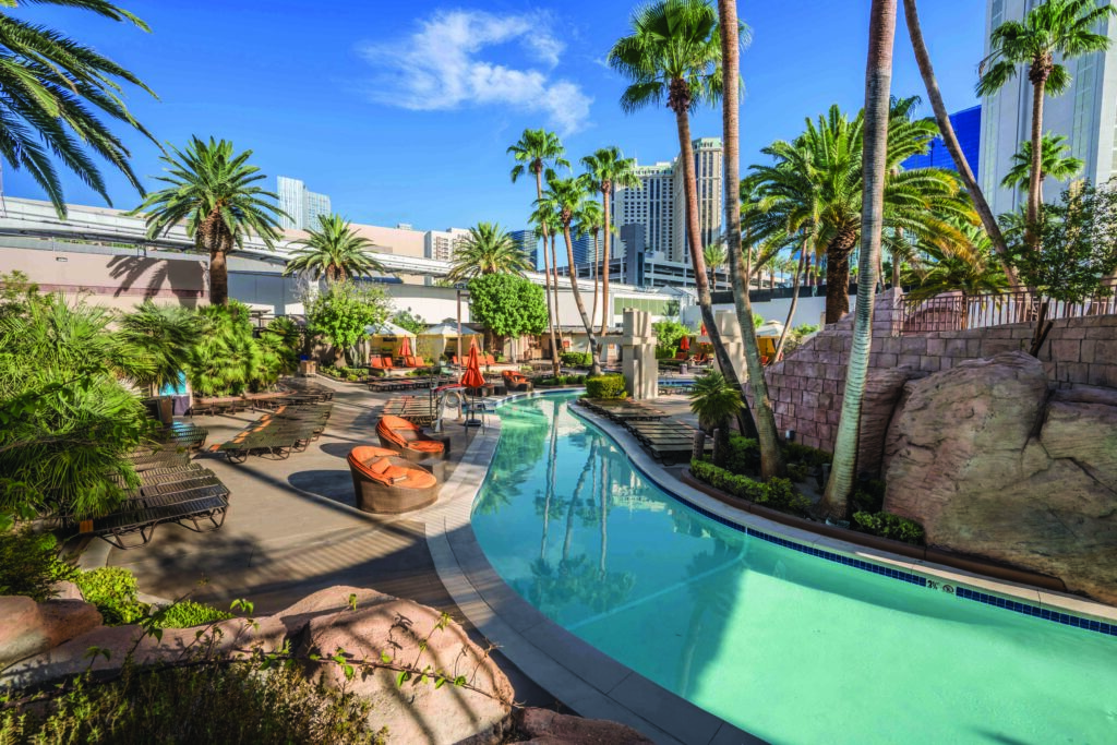 Lazy river cuts through palm trees and seating at MGM Grand.
