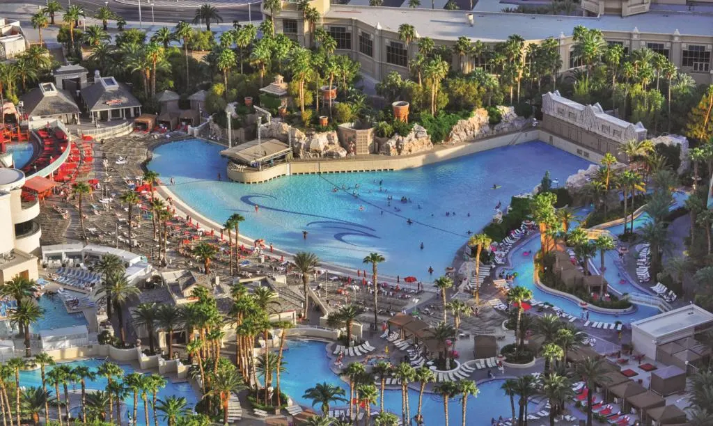 Mandalay Bay's Pool complex from above which includes a wave pool, lazy river, and additional pools.