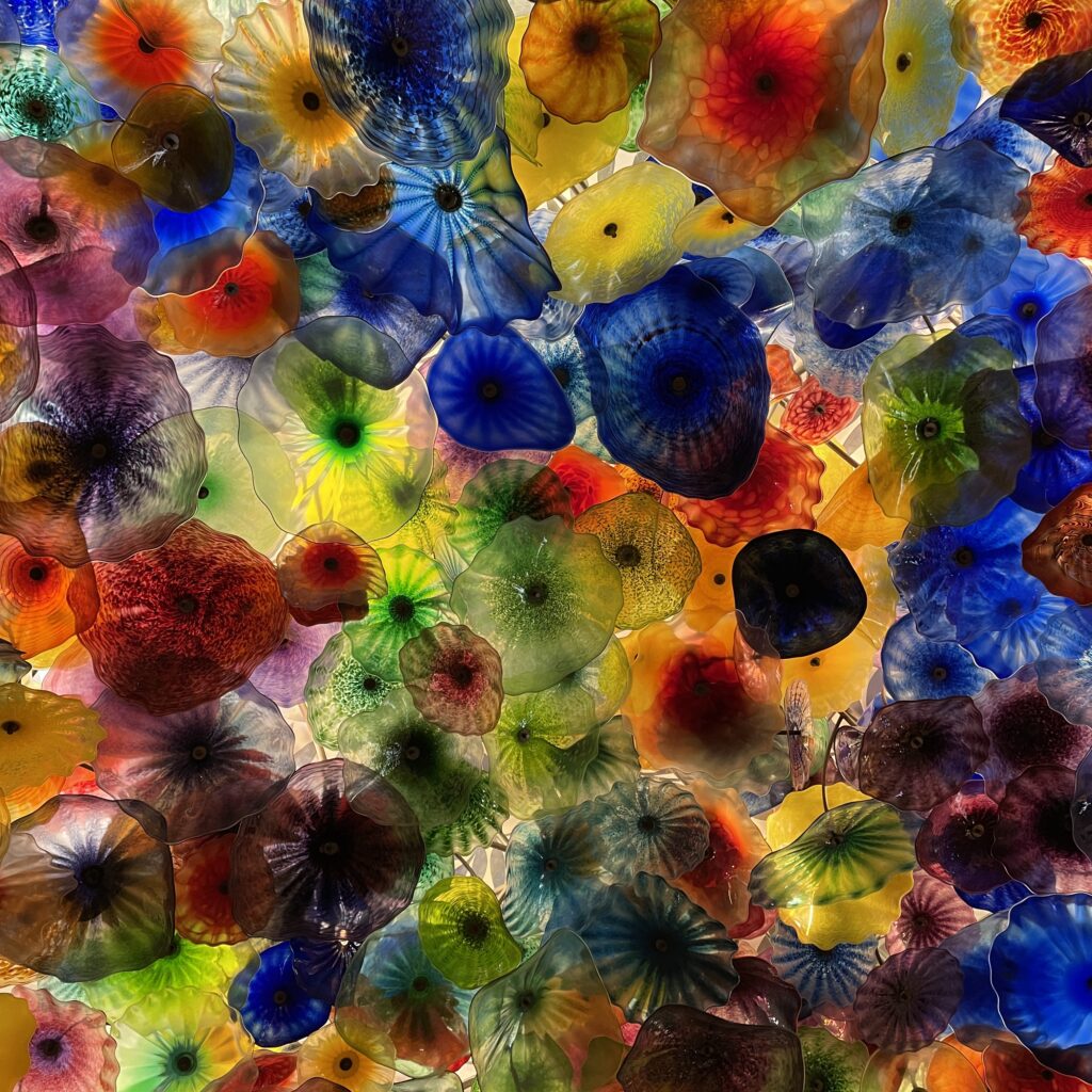 Colorful glass flower sculpture on the ceiling of Bellagio's hotel lobby