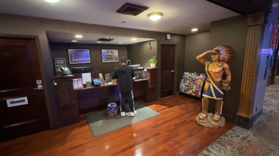 The hotel front desk at Binion's Hotel Apache. 