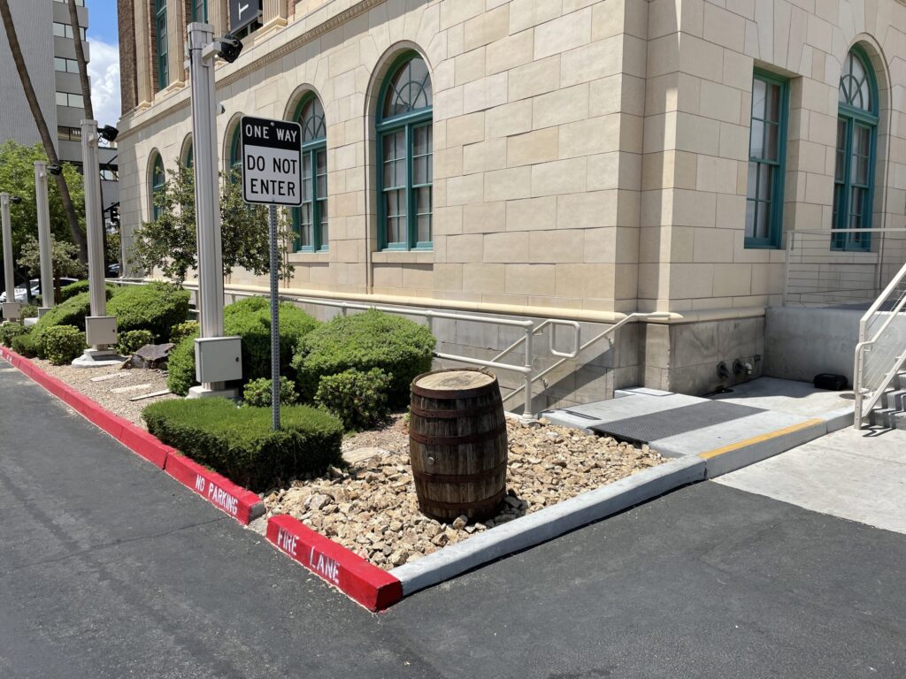 Barrell marking the speakeasy entrance at the Mob Museum