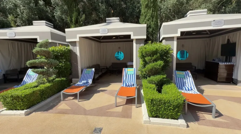A row of cabanas lining the Garden of The Gods Pool at Caesars Palace.