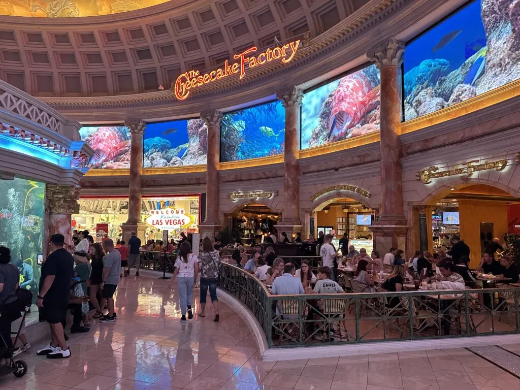 Indoor patio seating at the Cheesecake factory at Caesars Palace.