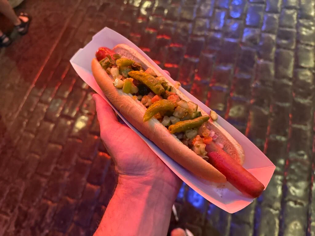 A chicago style dog, piled with veggies in my hand.
