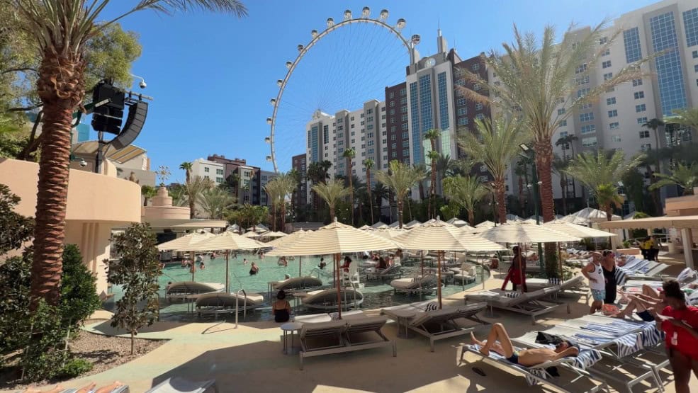 Flamingo's GoPool with the High Roller Observation Wheel in the background.