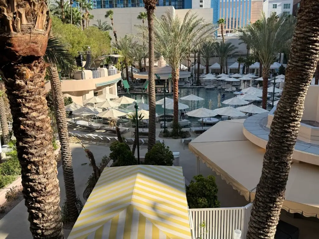 A view of the pool from above, which is palm tree rich, and has plenty of umbrellas for shade.