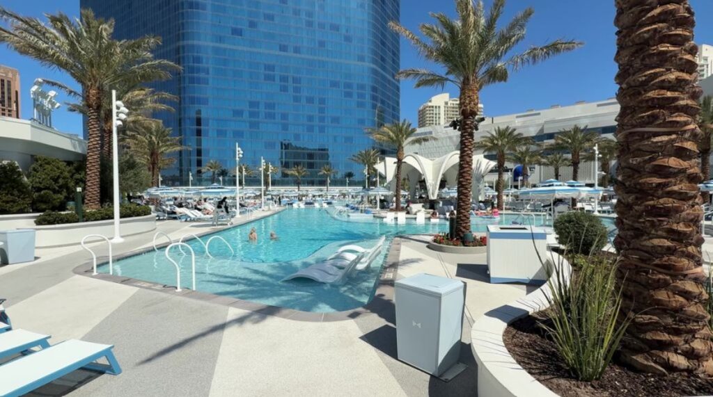 The Main Pool with the blue hotel tower in the background. 