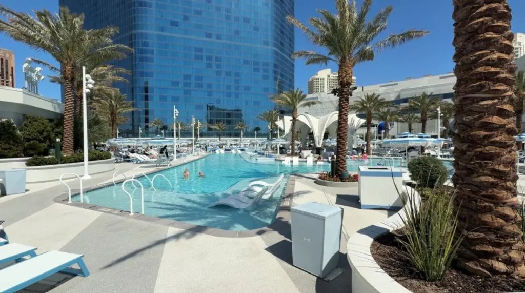 The Main Pool with the blue hotel tower in the background. 