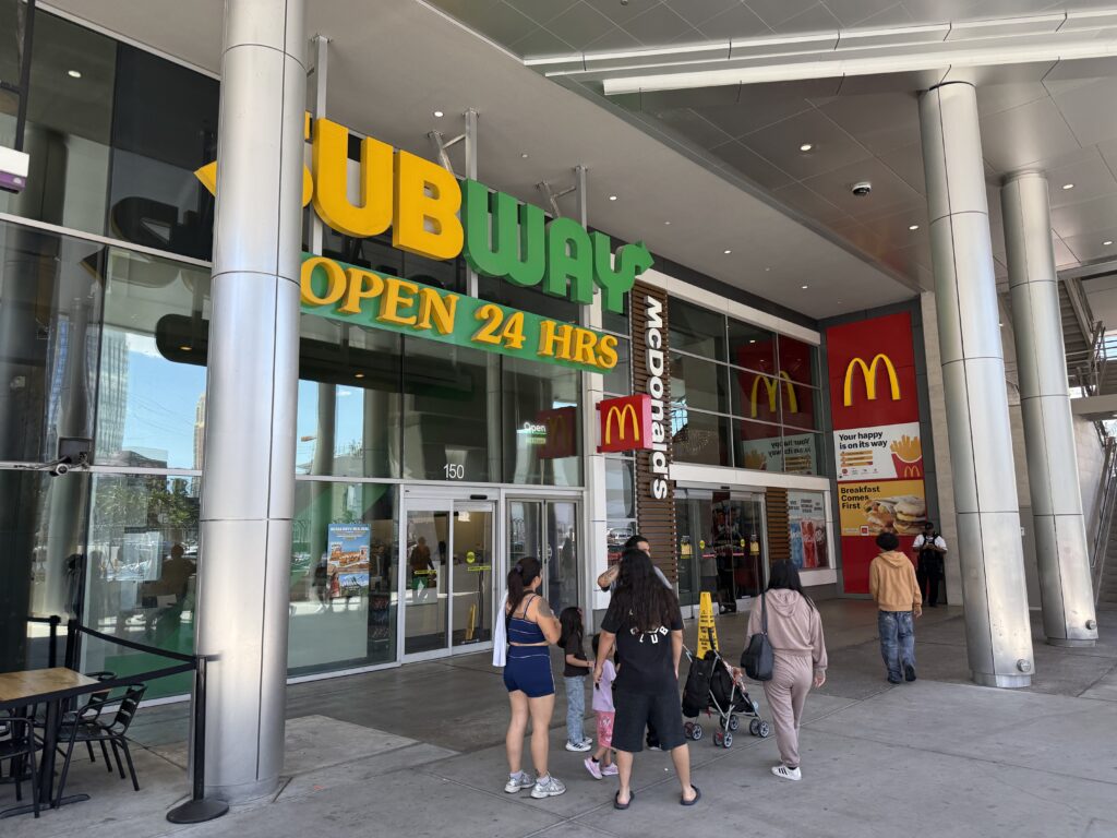 Exterior of Subway and McDonalds outdoors at Harmon Corner.