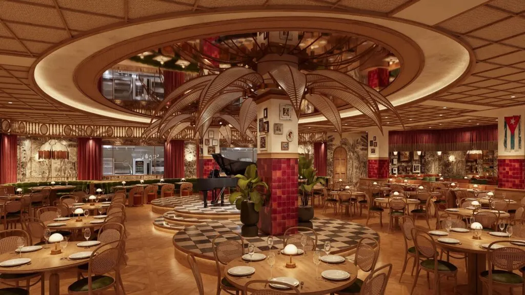 The entertainment stage at Havana 1957, with a piano perched on it.