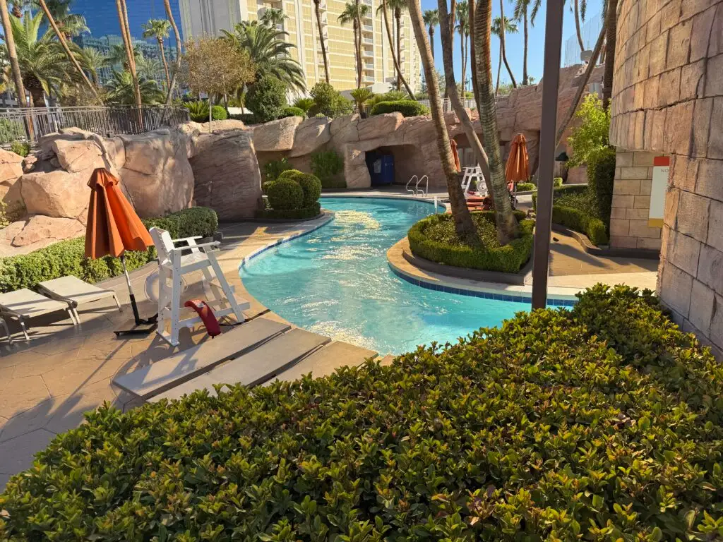 The Lazy River snaking through trees at MGM Grand .