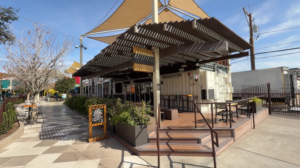 Exterior patio at Oak & Ivy in the container park. 